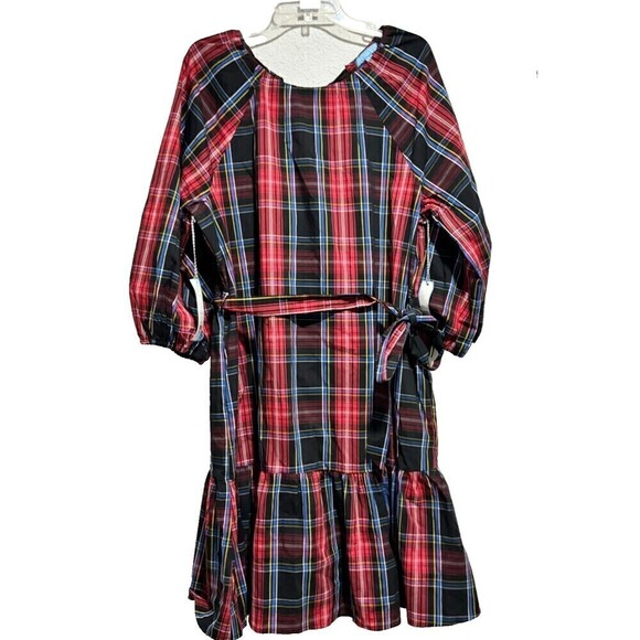 Draper James RSVP Tiered Midi Dress XL Red Black Plaid Smocked Bow Back Stretch - Picture 4 of 12
